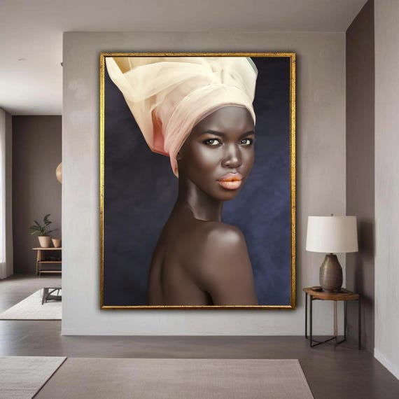 Elegant African Woman Portrait Canvas Soft Peach Headwrap Wall Art Contemporary Beauty Modern Home Decor Gift