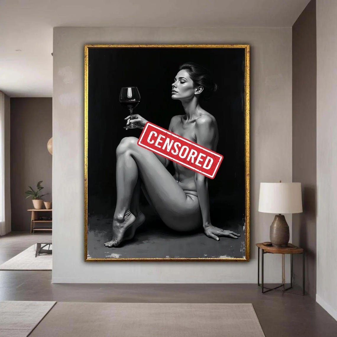 Nude Woman Wine Glass Black White Elegant Figurative Art Poster