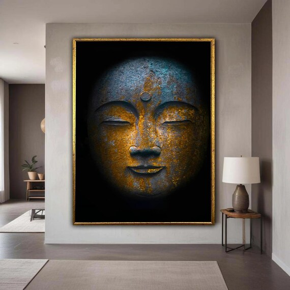 Serene Buddha Face Canvas Wall Art Spiritual Meditation Decor Zen Home Decoration Peaceful Asian Print Golden Gift