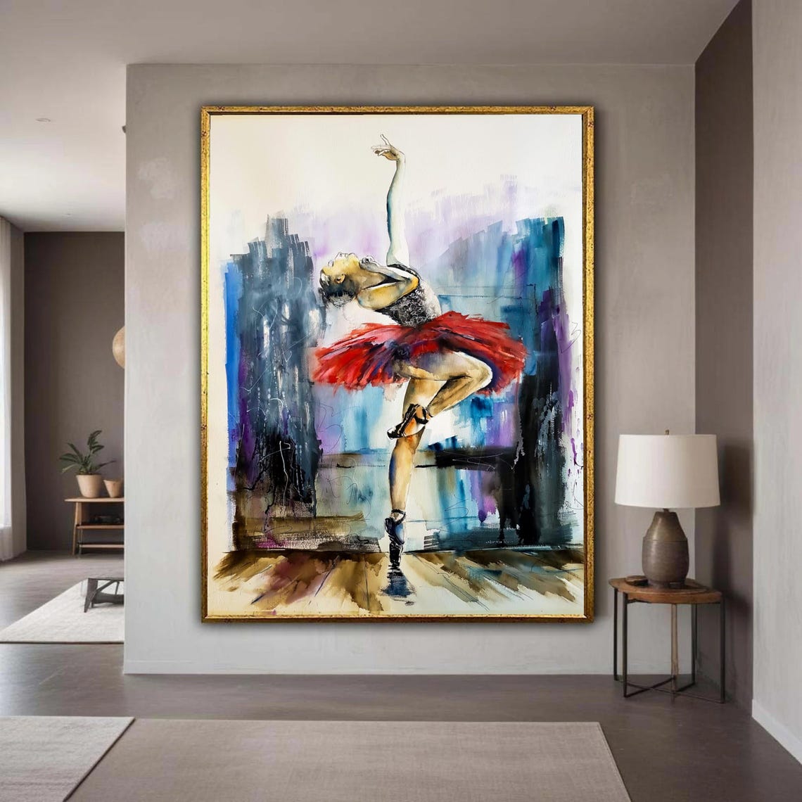 Ballet Dancer Red Tutu Leap Watercolor Abstract Dance Art Poster