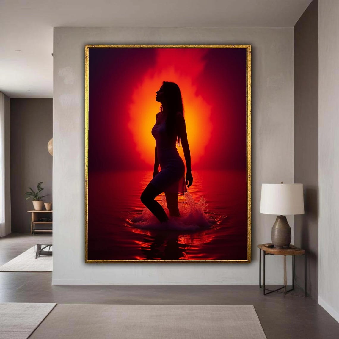 Woman Silhouette Wading Water Fiery Red Sunset Romantic Wall Art
