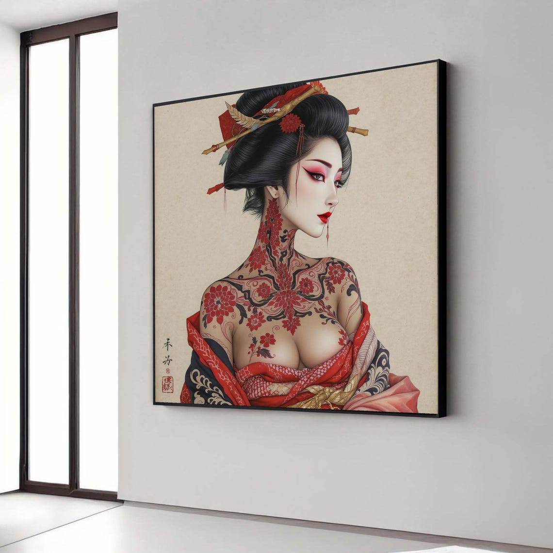 Elegant Tattooed Geisha Red Floral Japanese Portrait Art Wall Print