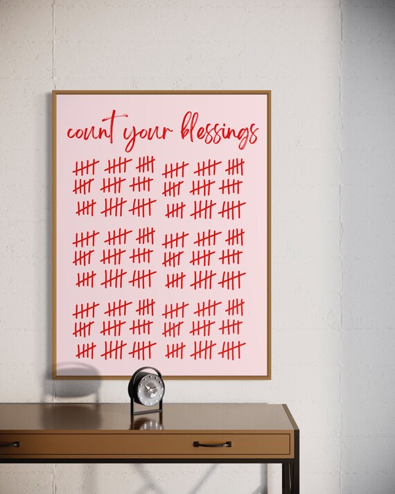 Count Your Blessings Tally Marks Pink Red Gratitude Quote Poster