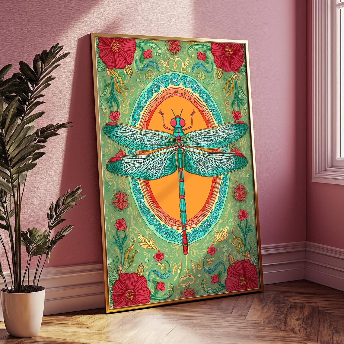 Whimsical Dragonfly Botanical Art Print Teal Coral With Ornate Floral Frame Nature Wall Decor Insect Illustration Gift