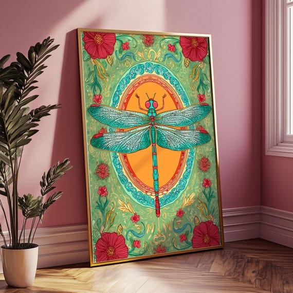 Whimsical Dragonfly Botanical Art Print Teal Coral With Ornate Floral Frame Nature Wall Decor Insect Illustration Gift