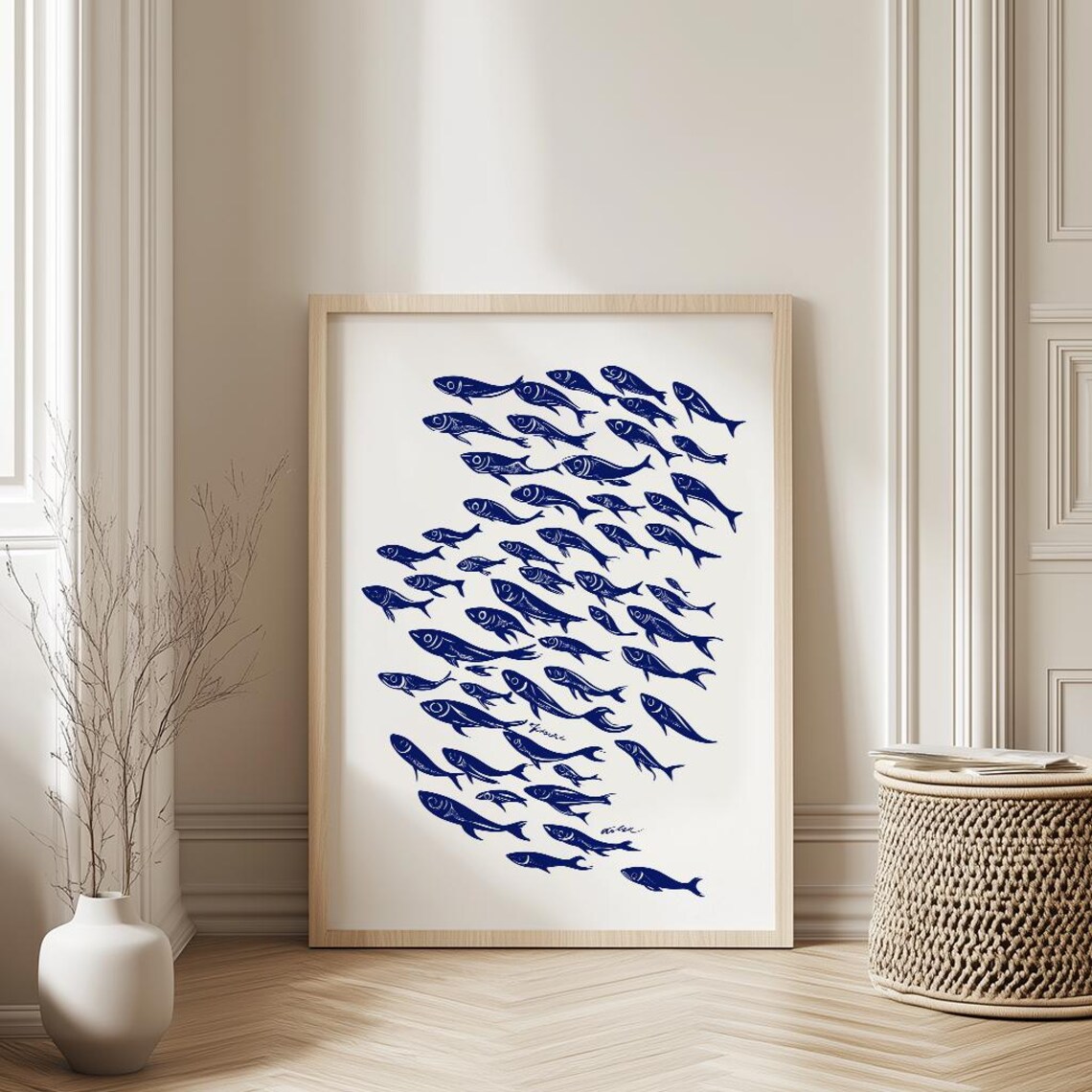 Sardines Linocut Poster Mini Wall Art Blue Fish Print Retro Kitchen Decor Still Life Vintage Sea