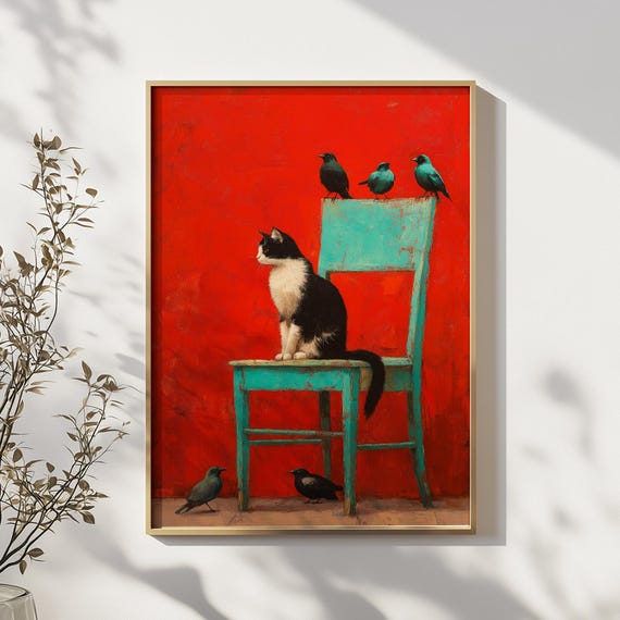 Whimsical Cat Birds On Vintage Chair Art Print