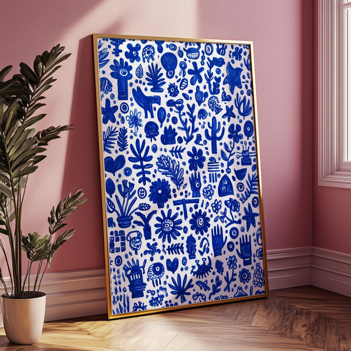 Blue Botanical Doodle Pattern Hand Drawn Folk Floral Style Poster