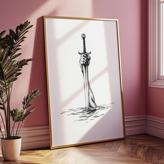 Excalibur Sword Rising from Water Medieval Black White Ink Drawing Poster