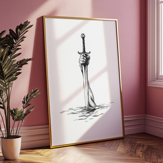 Excalibur Sword Wall Art Print Black And White Medieval Hand Drawing Knight Legend Poster Gothic Fantasy Artwork For Warrior Decor