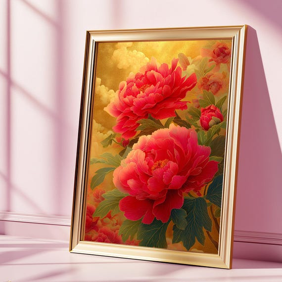 Korean Peony Floral Wall Art Bold Red Botanical Print Asianinspired Home Decor Instant Gift For Her Or Mom