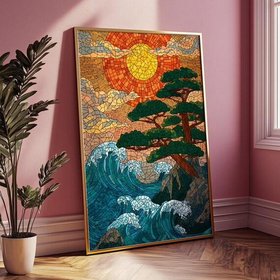 Stained Glass Japanese Ocean Wave Sunset Pine Mosaic Style Poster