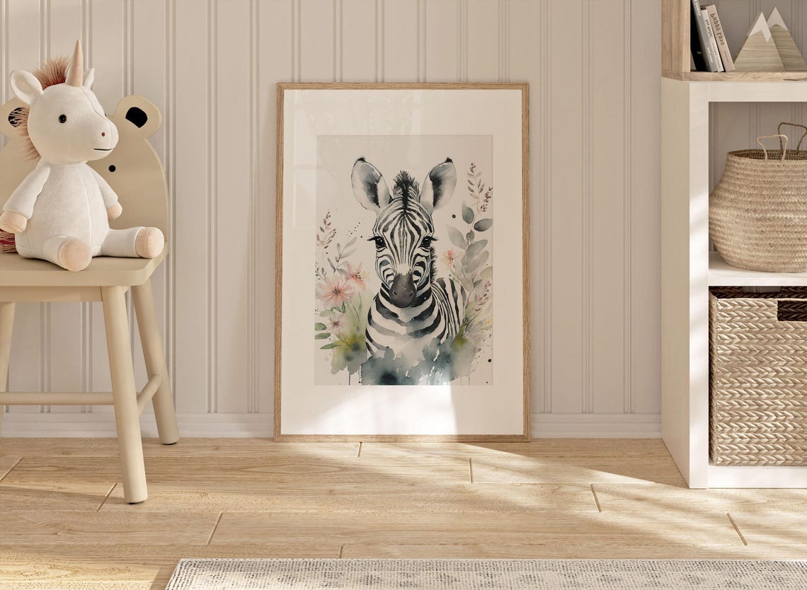 Baby Zebra Watercolor Portrait With Pink Flowers And Foliage Poster - Image 2