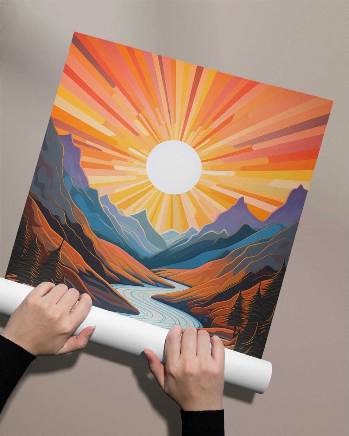 Sunburst Over Mountain Valley Winding River Art Deco Style Poster - Image 2