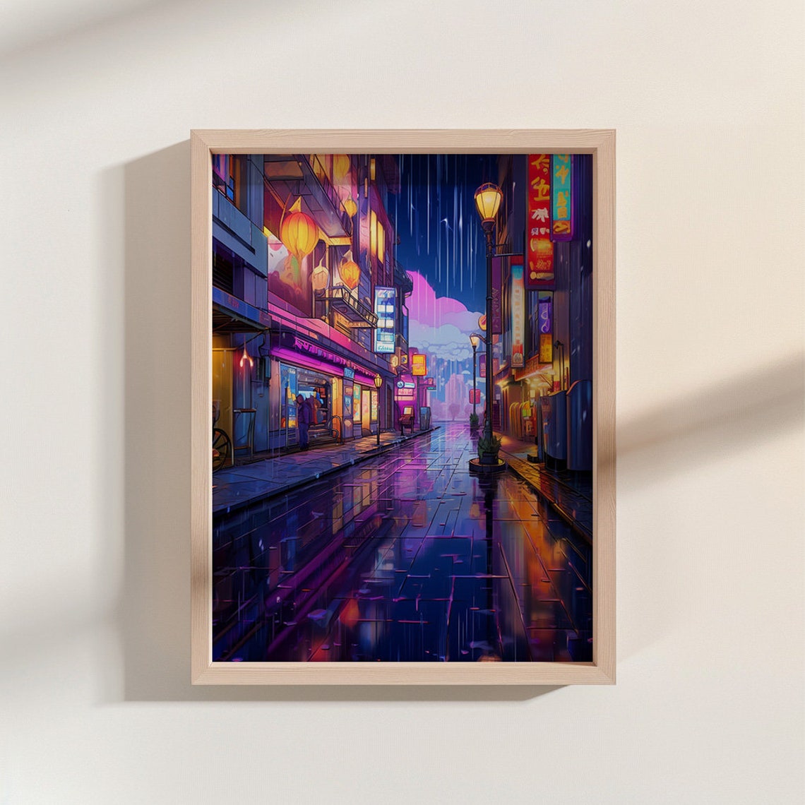 Neon Rainy City Street Glowing Lanterns Reflections Night Art Poster