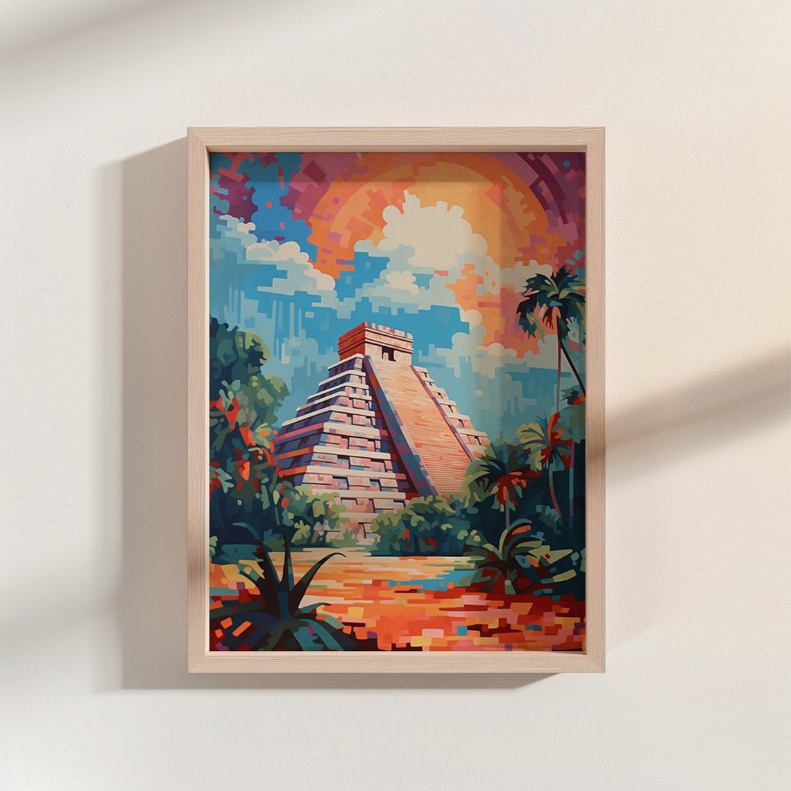 Chichen Itza Maya Pyramid Abstract Mosaic Sunset Jungle Poster