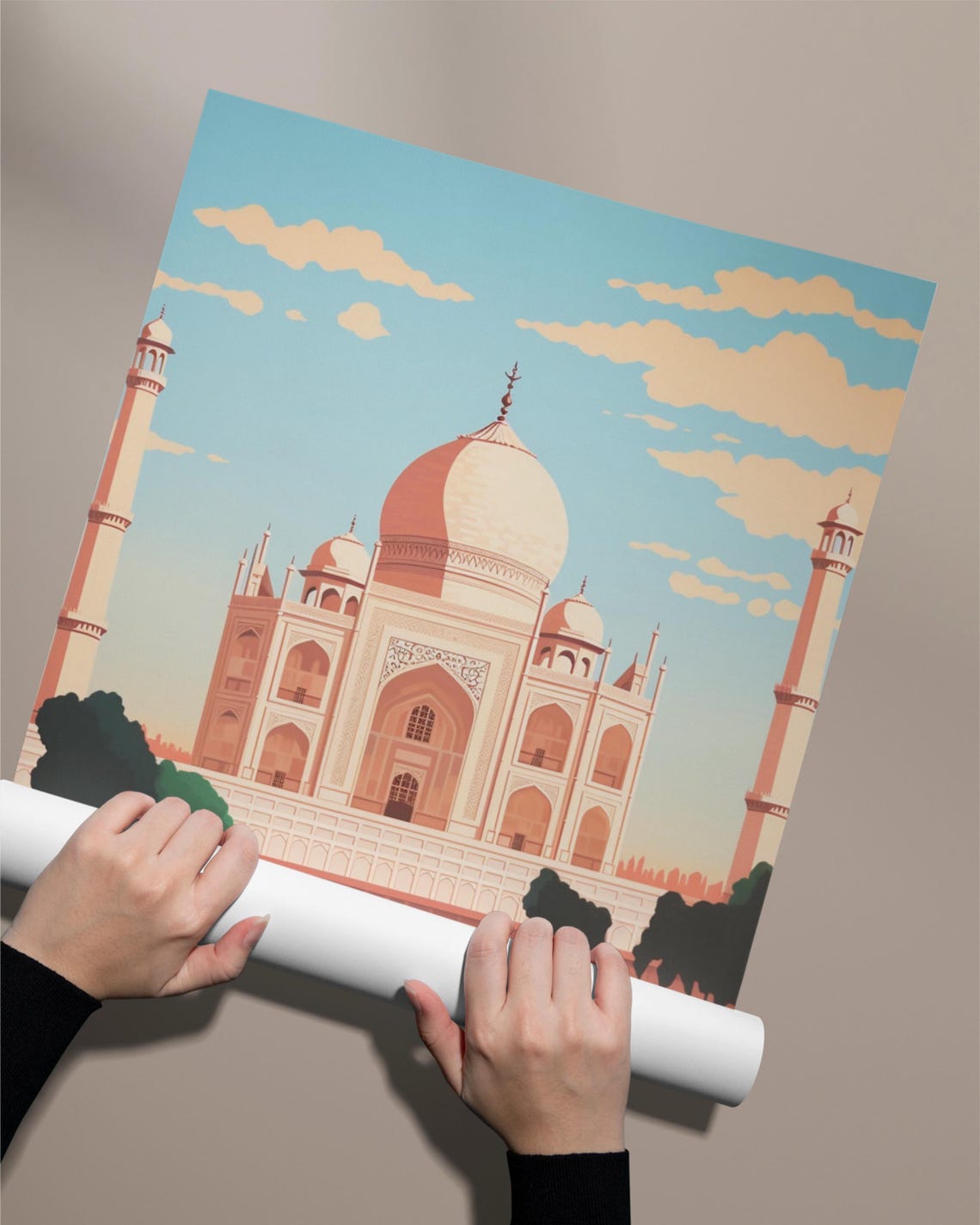 Taj Mahal Reflection Pool Gardens Marble Dome Gouache Art Poster - Image 2