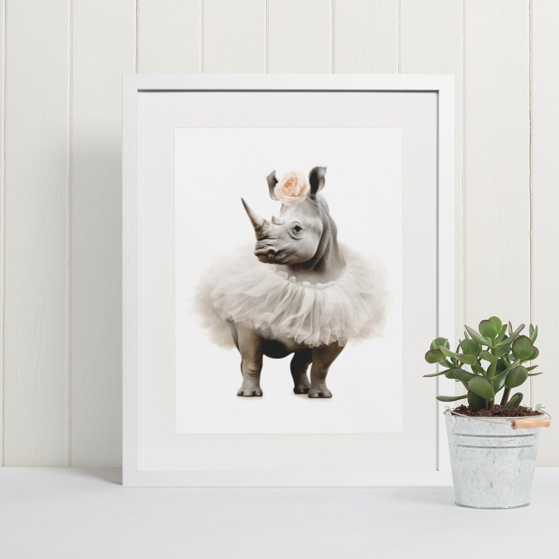 Baby Rhinoceros in White Tulle Tutu with Peach Rose Crown Poster