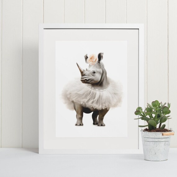 Baby Rhinoceros in White Tulle Tutu with Peach Rose Crown Poster