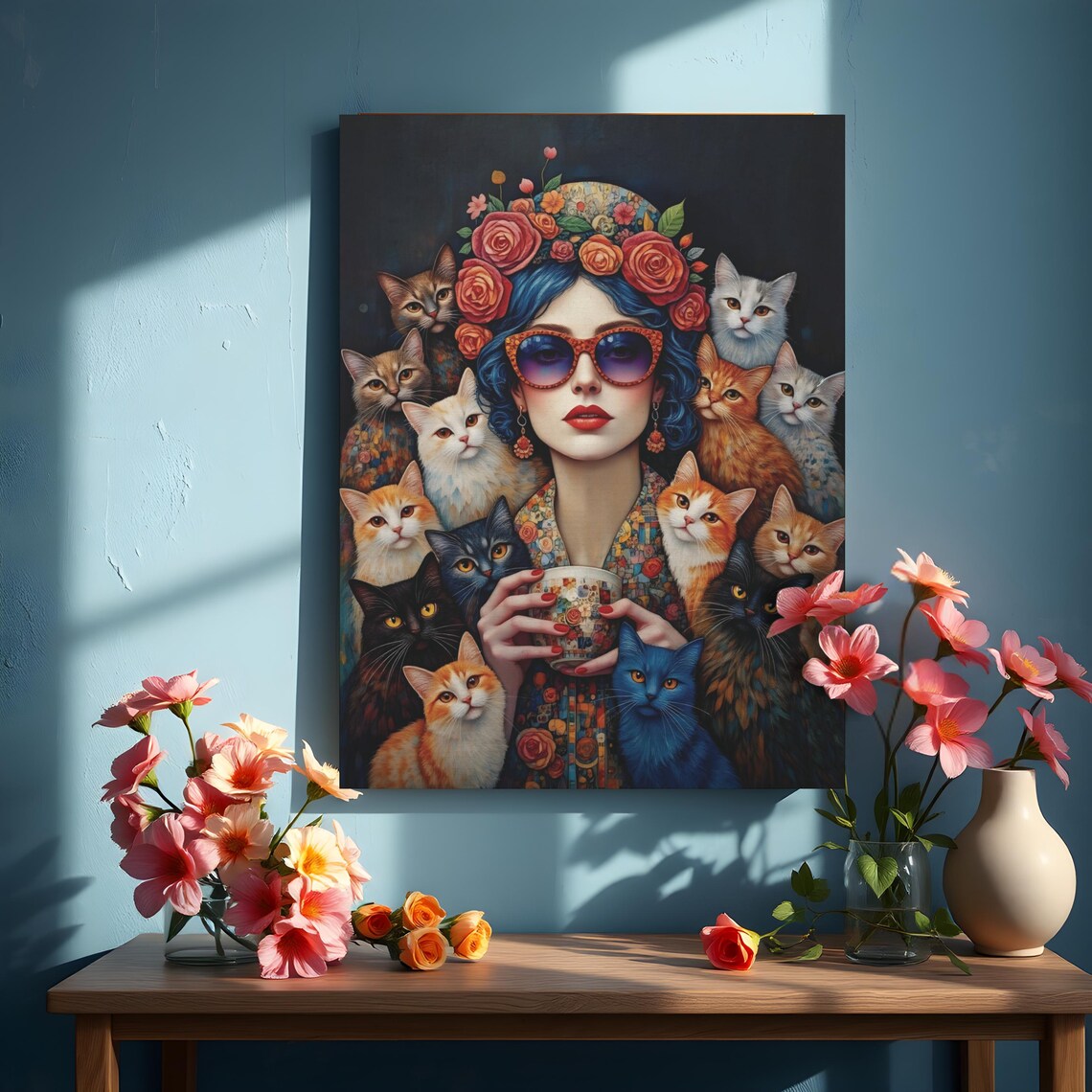 Whimsical Cat Mom Retro Floral Cat Lover Art Print - Image 5