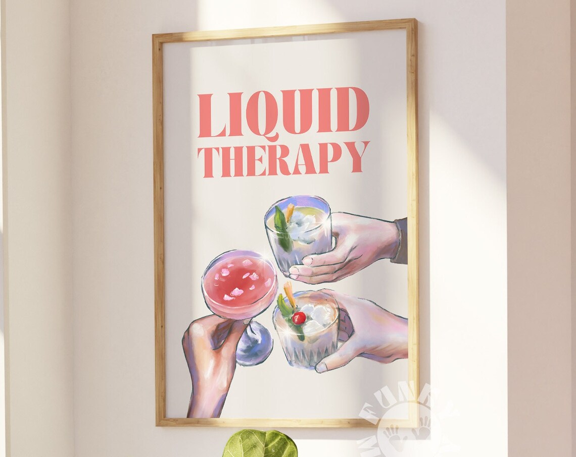 Liquid Therapy Cocktail Toast Coral Lettering Bar Cart Poster