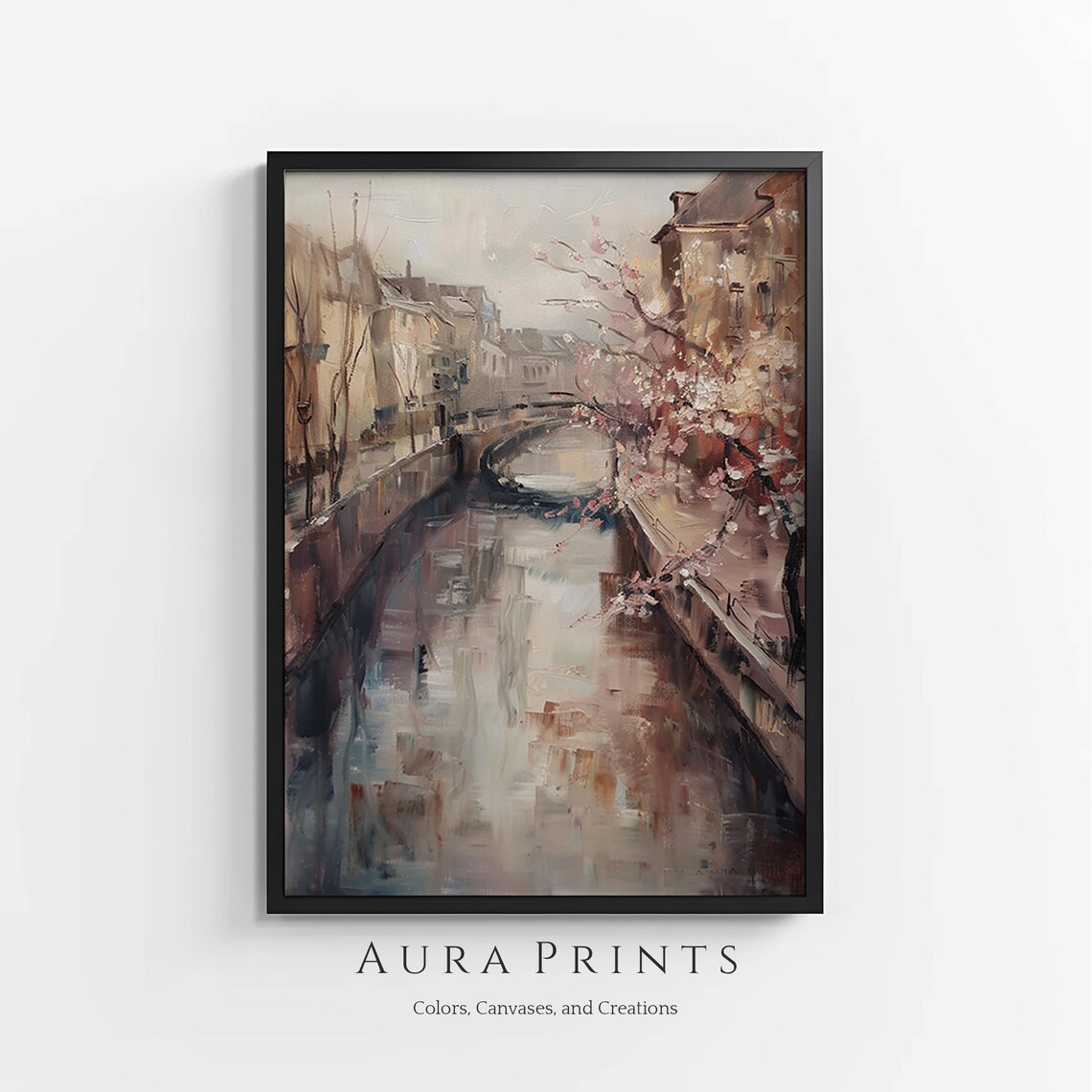 Rainy Canal Impressionist Painting Spring Blossoms City Art Poster