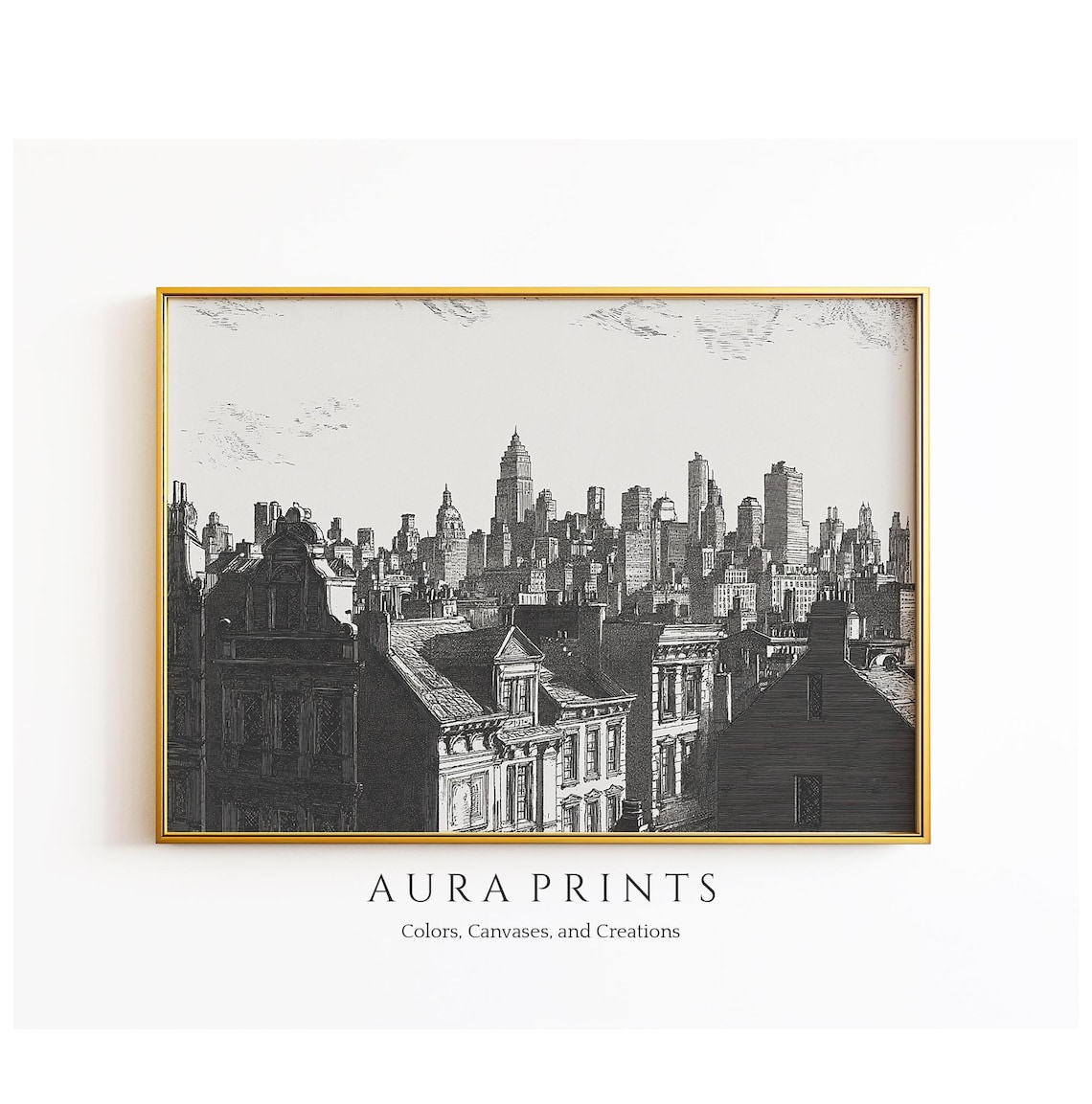 Vintage City Skyline Engraving Black and White Urban Wall Art