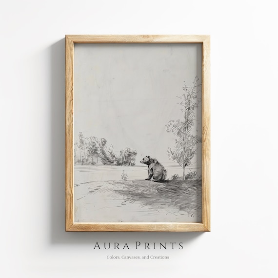Bear Sketch Neutral Art Vintage Line Wall Decor Farmhouse Gift 0998
