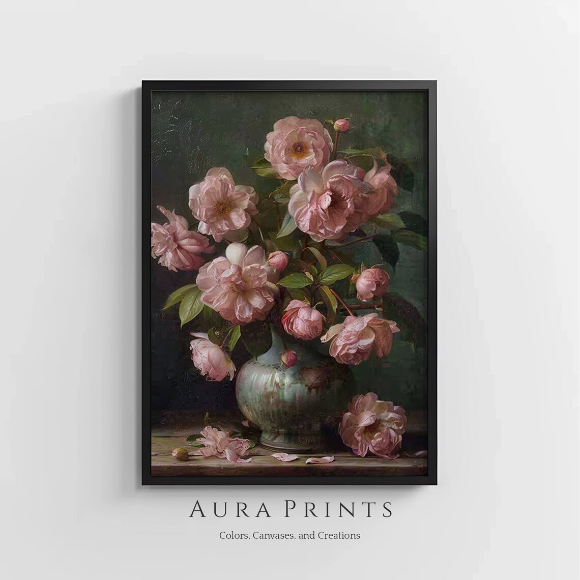 Pink Roses in Vase Dark Romantic Floral Still Life Oil Poster