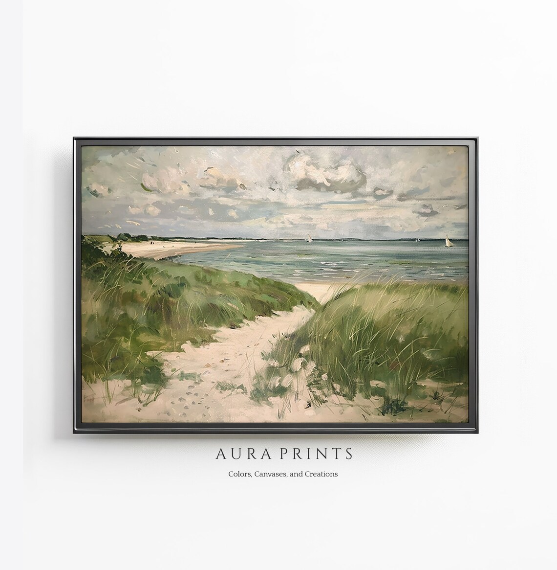 Vintage Coastal Dune Path Sailboats Soft Tone Oil Painting Poster