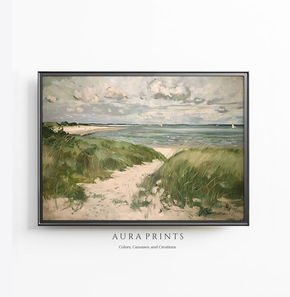 Vintage Coastal Dune Path Sailboats Soft Tone Oil Painting Poster