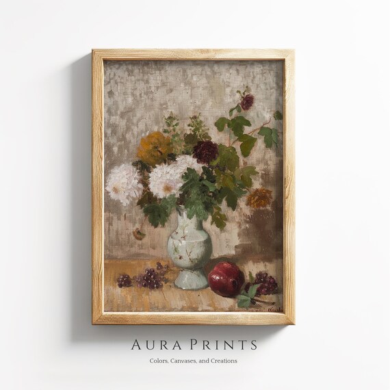 Vintage Dahlias and Grapes Still Life Moody Floral Oil Painting Poster
