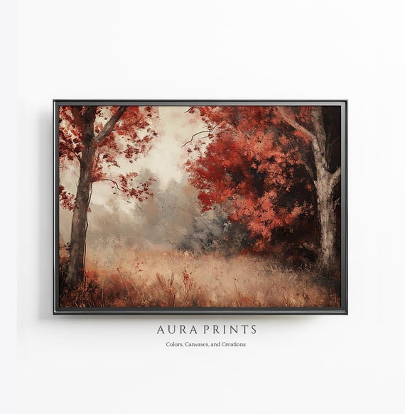 Autumn Landscape With Red Trees Painting Wooden Fence And Open Meadow Vintage Wall Art 1226
