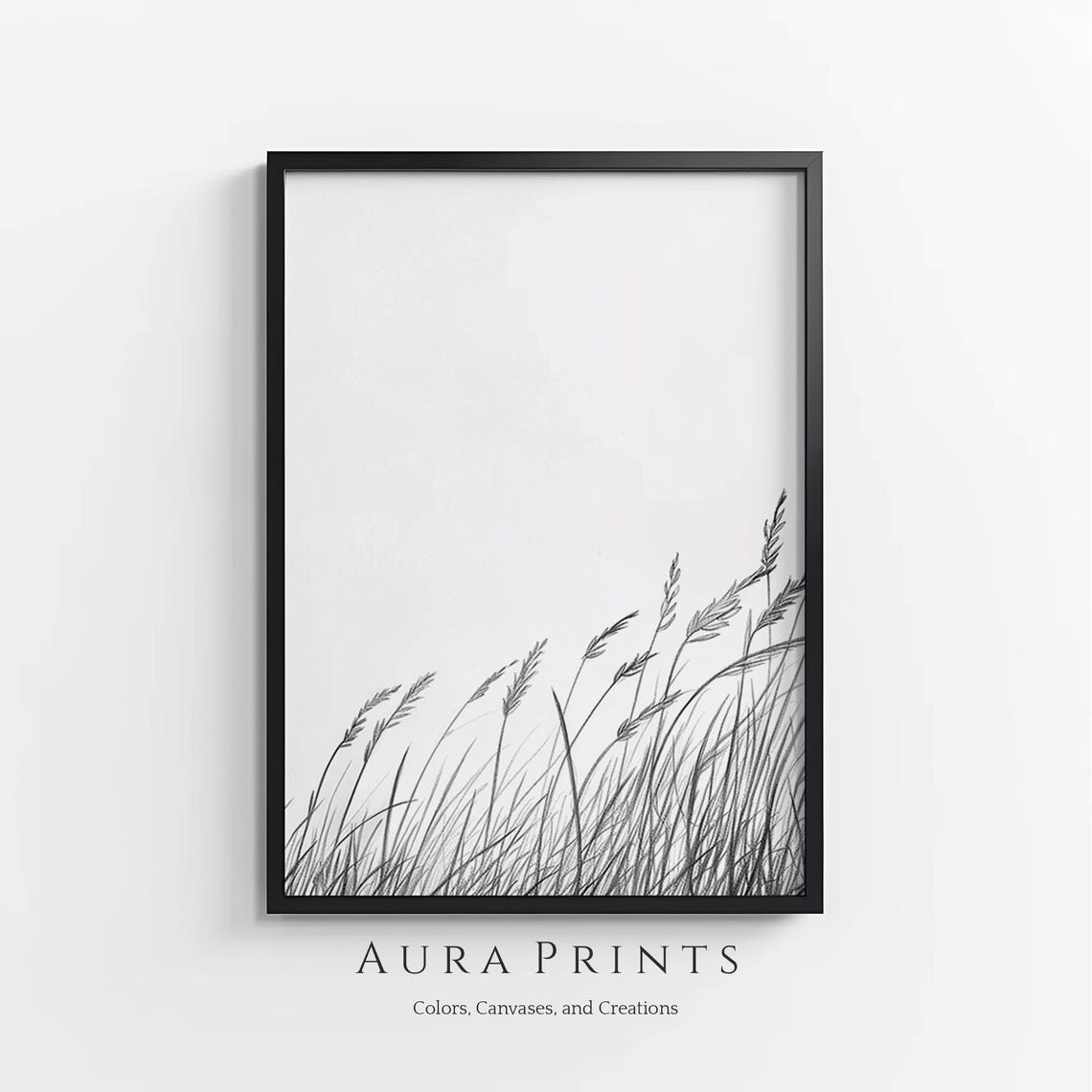 Minimalist Grass Stalks Black White Botanical Sketch Art Poster