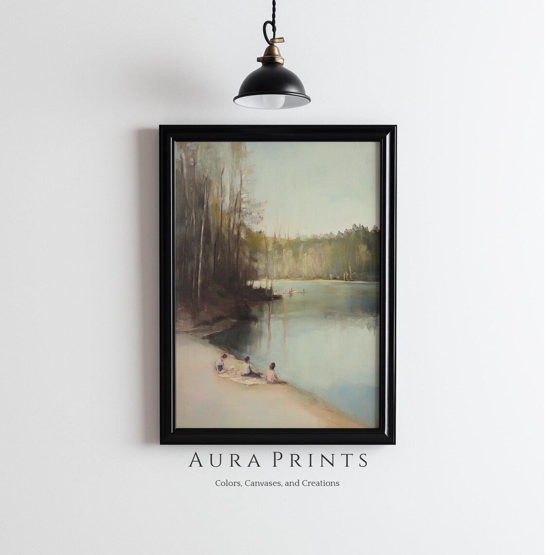 Vintage Children Playing by a Calm Lake Shore Painting Poster