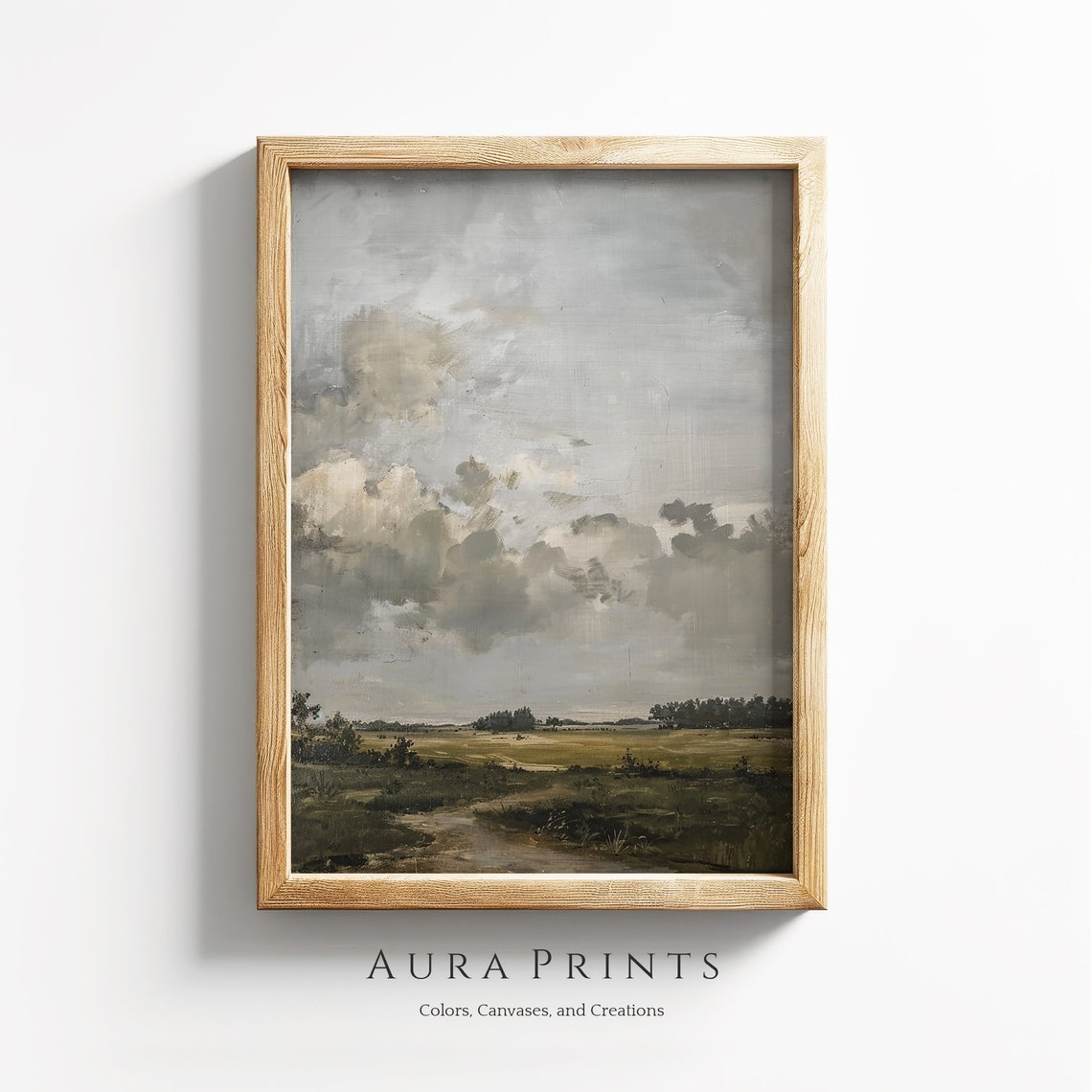 Moody Cloudy Field Landscape Soft Gray Oil Painting Art Poster