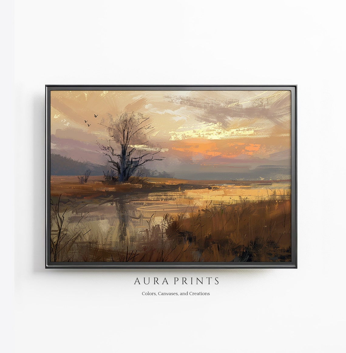 Sunset Marsh Painting Lone Tree Wetland Golden Sky Art Poster