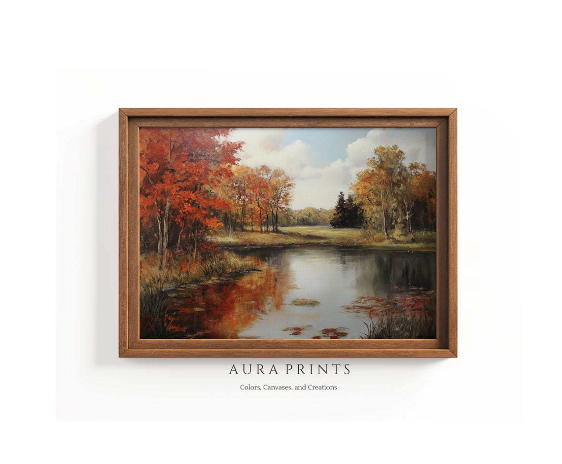 Autumn Trees And Pond Painting Red Orange Leaves Reflecting In Water Vintage Wall Art 1236
