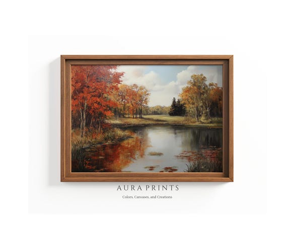 Autumn Trees And Pond Painting Red Orange Leaves Reflecting In Water Vintage Wall Art 1236