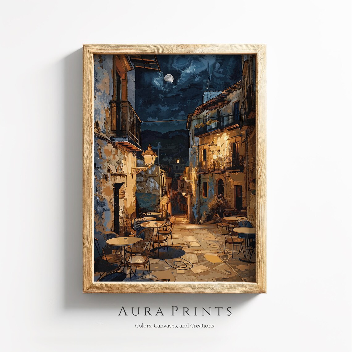 European Old Town Moonlit Cafe Street Art Night Scene Poster