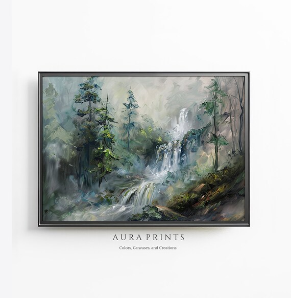 Misty Forest Waterfall Cascading Pines Painting Poster Serene