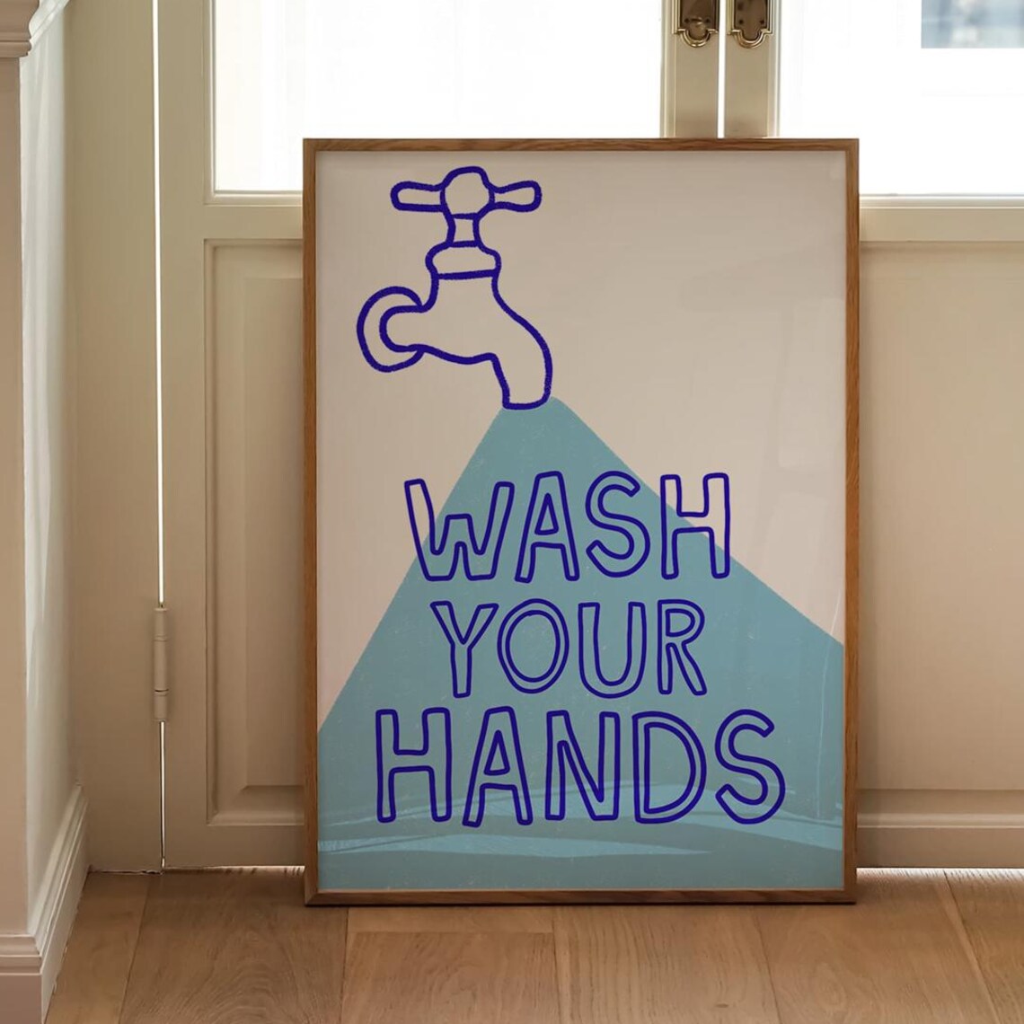 Wash Your Hands Blue Faucet Line Art Retro Bathroom Wall Poster