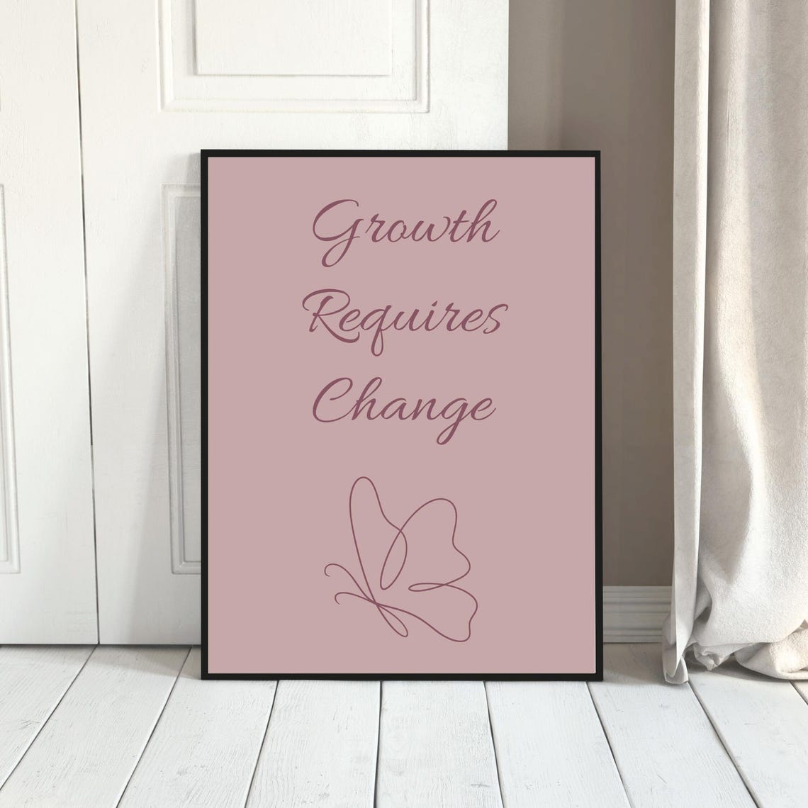 Growth Requires Change Dusty Rose Line Art Butterfly Quote Poster - Image 2