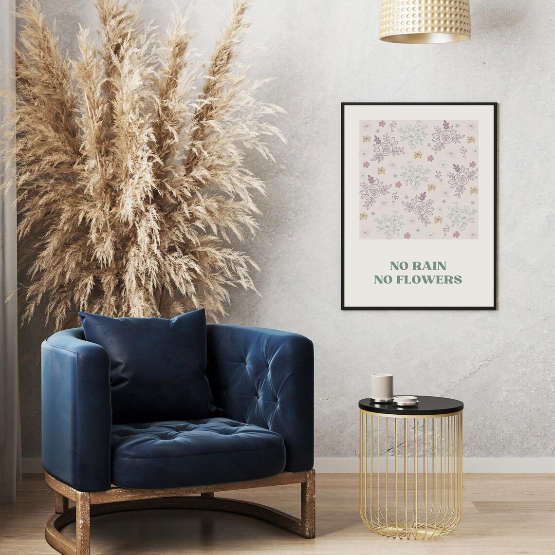 No Rain No Flowers Quote Pastel Floral Line Art Inspirational Poster - Image 4