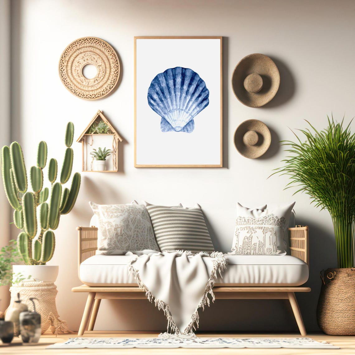 Blue Scallop Shell Watercolor Coastal Beach Minimalist Wall Art - Image 4