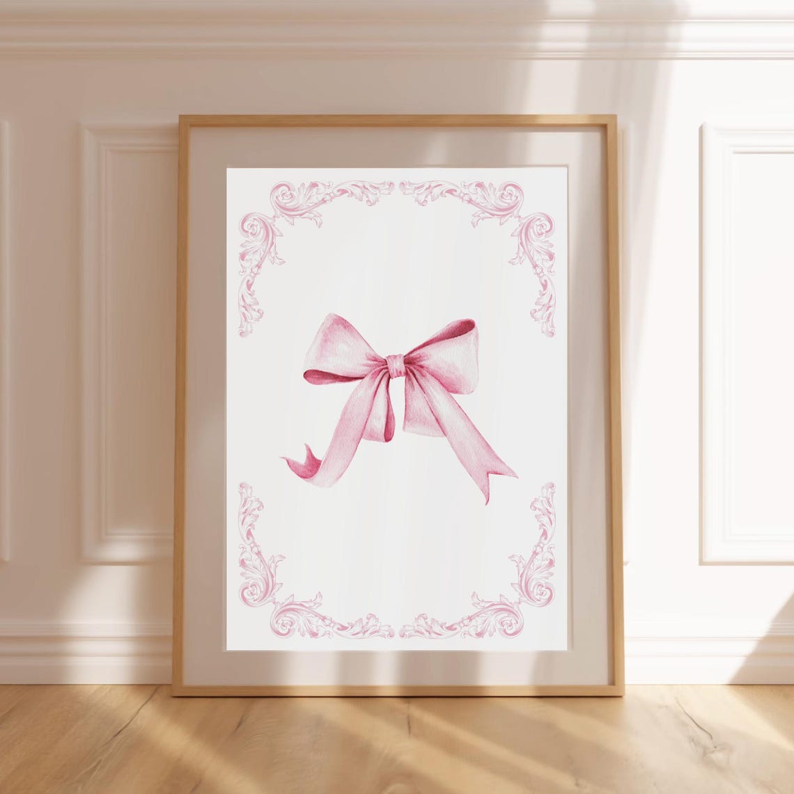 Pink Watercolor Ribbon Bow With Baroque Corner Flourish Art Poster