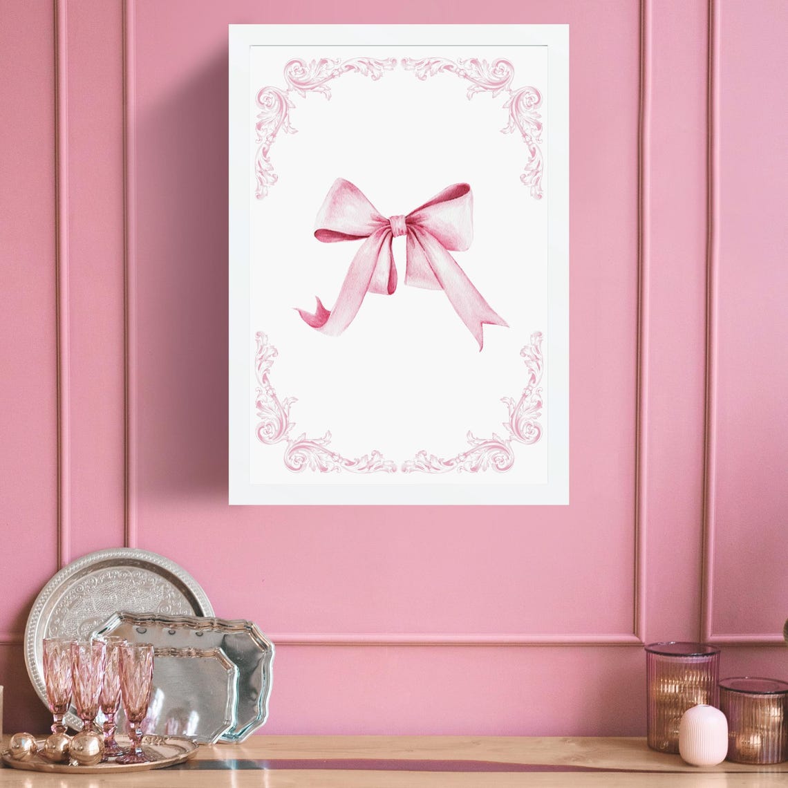 Pink Watercolor Ribbon Bow With Baroque Corner Flourish Art Poster - Image 6