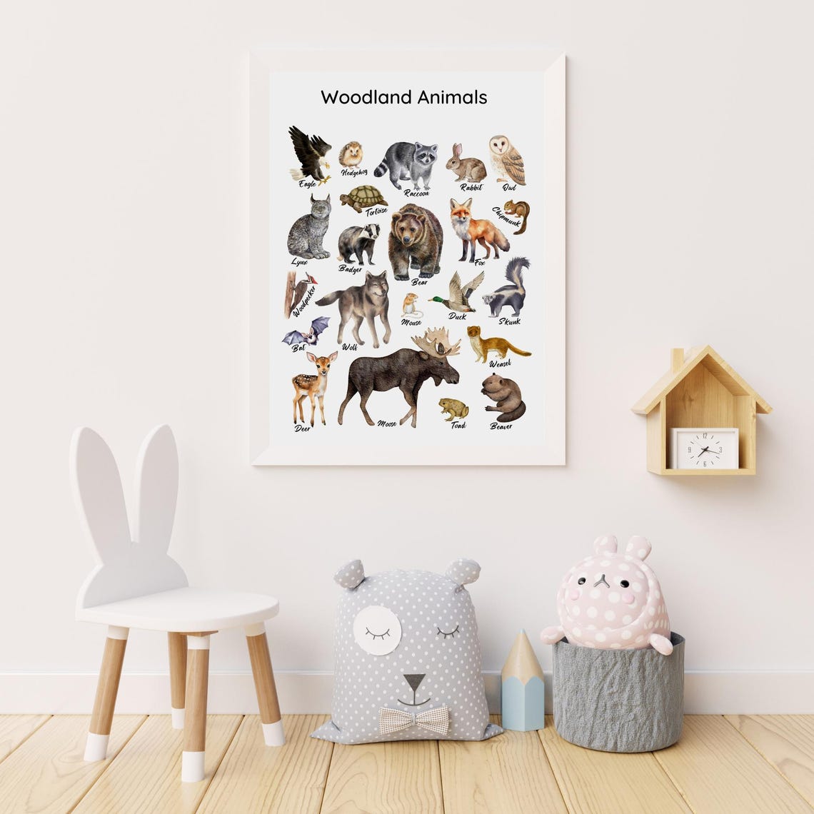 Woodland Animals Watercolor Chart Bear Fox Owl Educational Kids Poster - Image 5