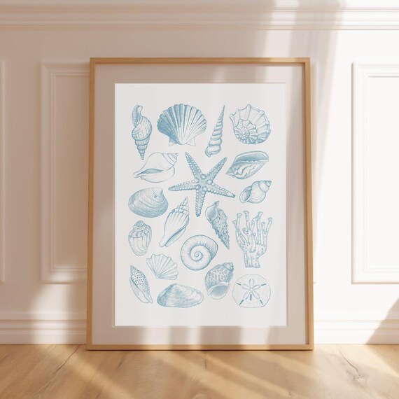 Blue Seashell Line Art Starfish Sand Dollar Coastal Sketch Poster
