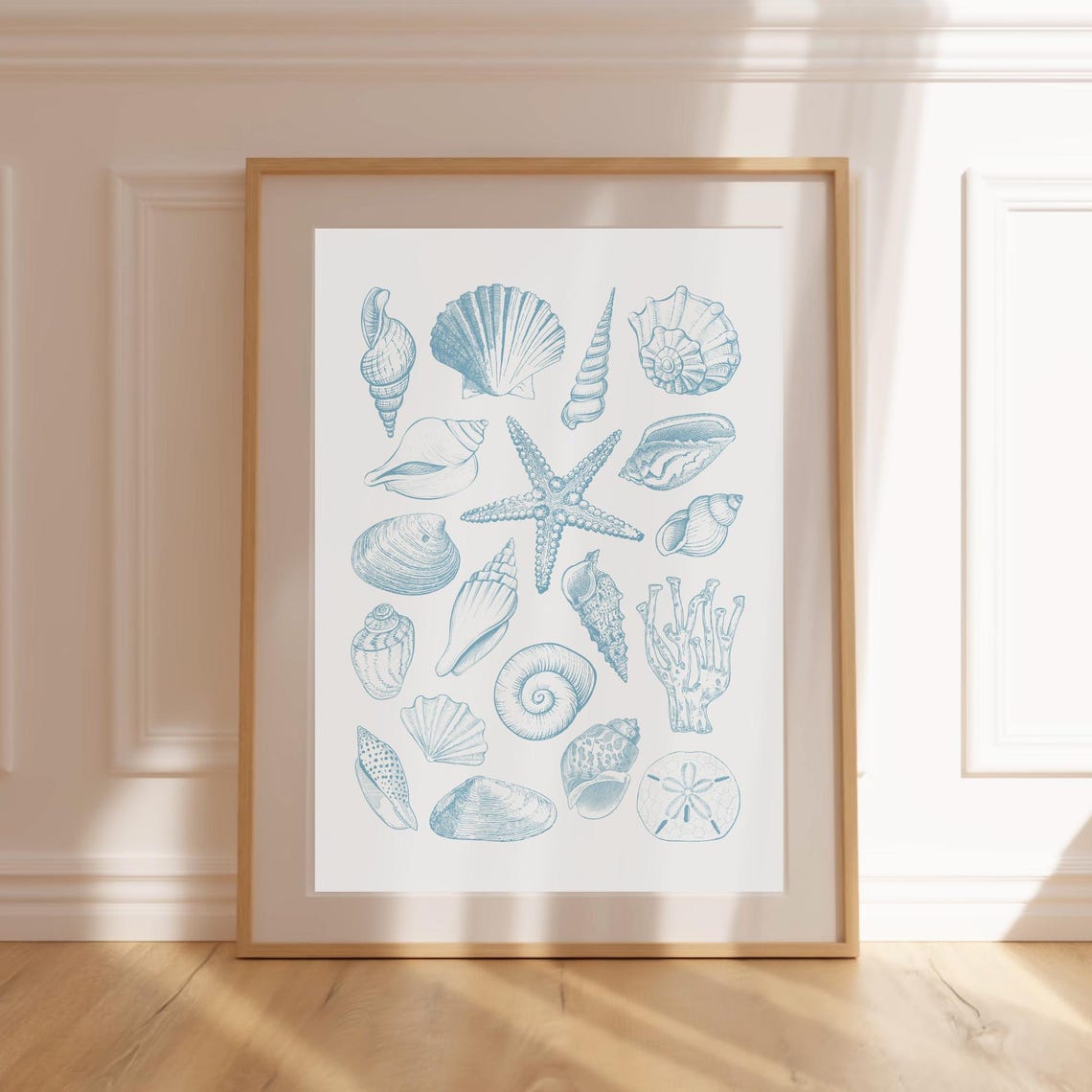 Blue Seashell Line Art Starfish Sand Dollar Coastal Sketch Poster